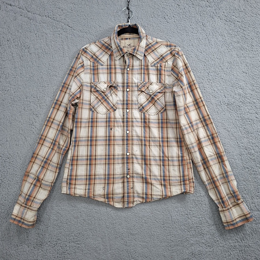 Hollister Mens L Brown Blue Plaid Pearl Snap Western Shirt VTG Y2K Thrashed